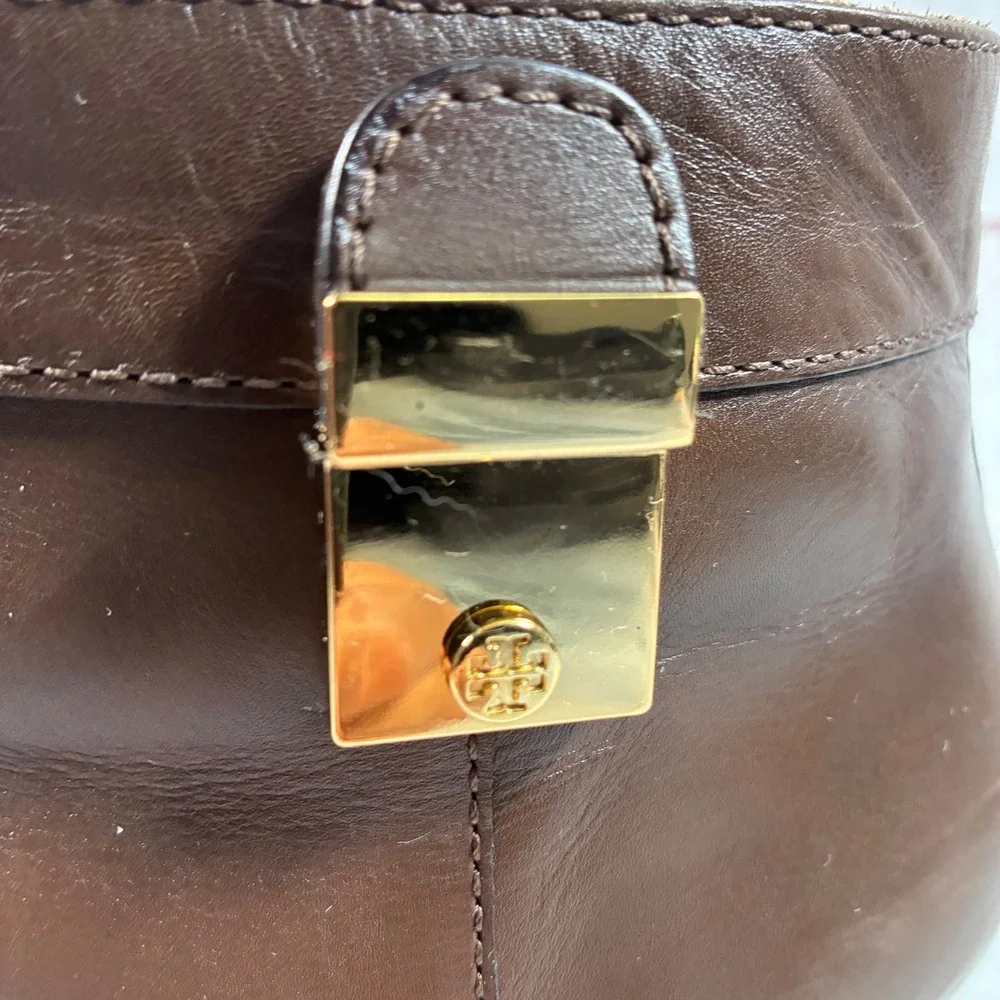 Tory Burch Bristol Booties Womens 9.5 Brown Leather Gold Logo Buckle Ankle Boots